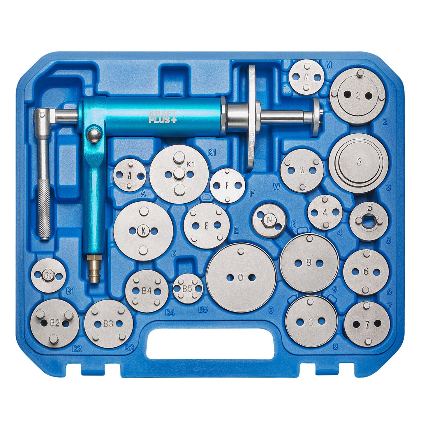 K.211-1423 Universal Druckluft Bremskolbenrücksteller L/R Werkzeug Set - 23-tlg. Bremskolben-Rückstellwerkzeug-Satz Pneumatik Druckluftspindel + 22 Adapter