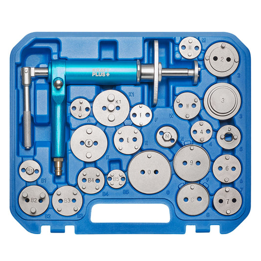 K.211-1423 Universal Druckluft Bremskolbenrücksteller L/R Werkzeug Set - 23-tlg. Bremskolben-Rückstellwerkzeug-Satz Pneumatik Druckluftspindel + 22 Adapter